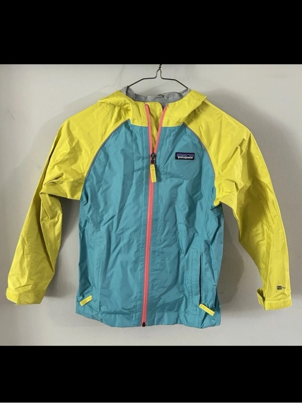 Patagonia Kids Size 7/8 Teal & Yellow H2No Raincoat Pink Zipper Pockets EUC